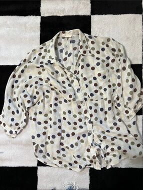 Paper lace Sheer Polka Dot Button-Up Blouse in Cream with Brown & Olive Dots